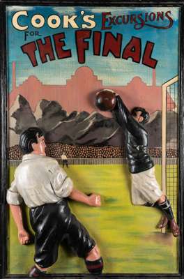 Large painted wooden football travel advertisement for the "Cook's Excursions for The Final", circa 1950s,
 featuring a goalkeeper saving an attempt o