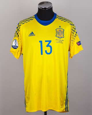 David De Gea yellow and blue No.13Spain v. Czech Republic match issued shirt, 2016