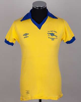 Liam Brady yellow and blue No.7 Arsenal 1980 F.A.Cup Final match worn short-sleeved shirt