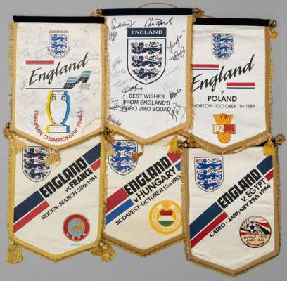 England Euro 92 pennant bearing numerous players autographs, 
 the majority dedicated to Scotty including Alan Ball, Paul Merson, Chris Woods, Andy Sm