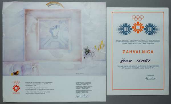 Sarajevo 1984 Winter Olympic Games participant's diploma,
 unawarded; sold together with an Organising Committee certificate of thanks to Zulj Ismet, 