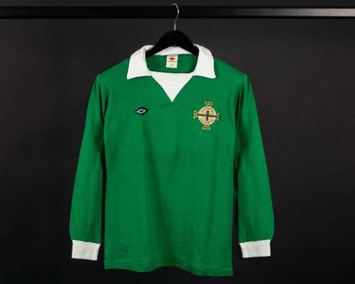 Green and white No.5 Northern Ireland match worn long-sleeved shirt, c.1974