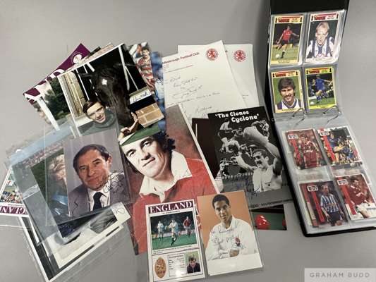 A collection of various vintage and modern football player autographs
 including Tommy Lawton, George Male, Wilf Mannion, Stan Cullis, Harry Hibbs, Te