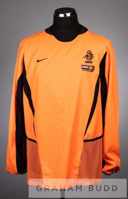 Mario Melchiot orange Netherlands no.21 jersey v Portugal at Philips Stadium, 30th April 2003,
 long-sleeved with both country flags and embroidered 3