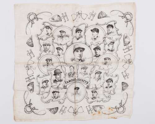 Gentlemen's cotton handkerchief printed with portraits of famous jockeys circa 1900