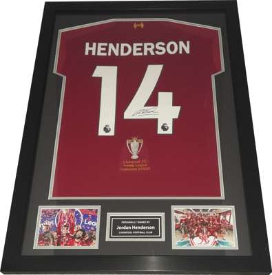 Jordan Henderson Liverpool captain signed & framed 2019 Premier League winners commemorative jersey,
 with certificate of authenticity and photograph 