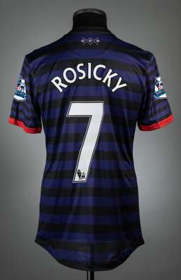 Tomas Rosicky purple & black hooped Arsenal no.7 away jersey, season 2012-13,
 match issue, Nike, short-sleeved with BARCLAYS PREMIER LEAGUE sleeve ba