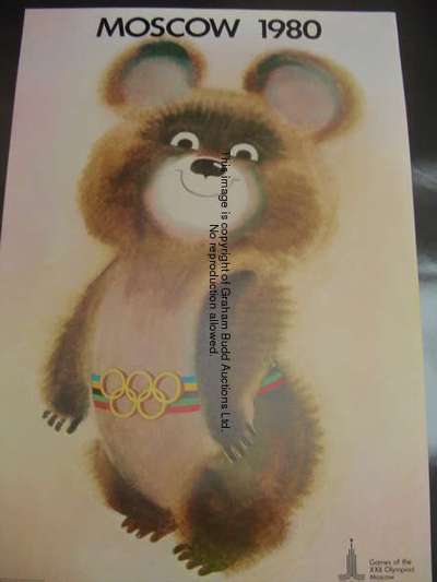 A 1980 Moscow Olympic Games poster, featuring the mascot 'Misha' the bear