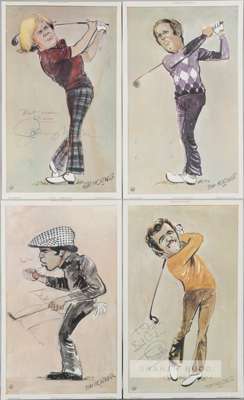 GOLF - COLLECTION OF EIGHT 1977 GOLF CARICATURES BY TIM HOLDER AND STEPHEN SPENDER, SIX AUTOGRAPHED BY THE SUBJECT INC: SEVE BALLESTEROS, JACK NICKLAU