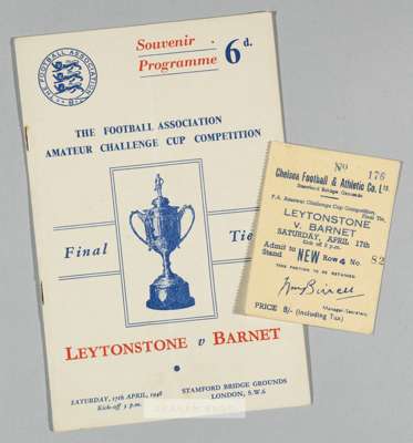 Programme and ticket for the F.A.  Amateur Cup Final between Leytonstone and Barnet played at Stamford Bridge, Chelsea, 17th April 1948, 

good condit