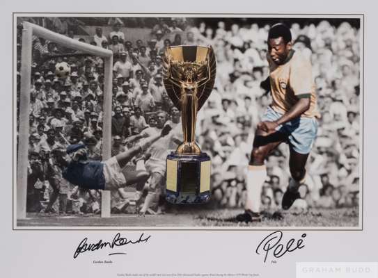 A large colour and black and white portrait photograph of Pele, 
 signed in black marker pen on the front by Pele and featuring Gordon Banks making wh