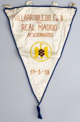 A rare pennant issued for Real Madrid's visit to Polideportivo Villarobledo for the opening of the stadium Campo Nuestra Senora De La Caridad, 19th Ma