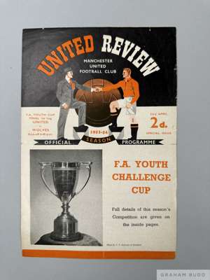 Manchester United Youth v Wolverhampton Youth 1953-54 Youth Cup Final programme, 1st leg, special issue 4-page edition for match, played on 23rd April