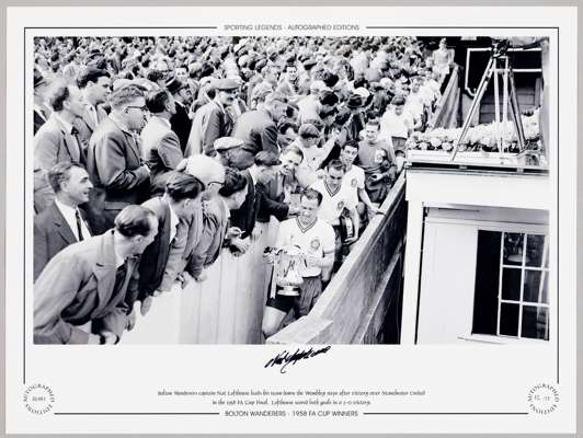Bolton Wanderers 1958 F.A Cup winner Nat Lofthouse large 16 by 12in. autographed Limited Edition display photograph,  Nat Lofthouse carrying the F.A C