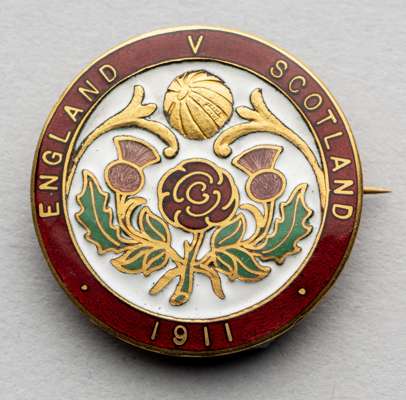 Football Association Official's badge for the England v Scotland International match in 1911,
 gilt-metal and enamel, inscribed with match details, de