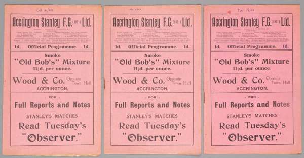 Three Accrington Stanley home programmes season 1922-23,
 F.L. Division Three North fixtures v Wrexham and Chesterfield; and a East Lancs Charity Shie