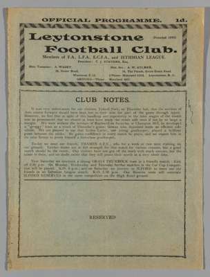 Leytonstone v Thames programme, season 1928-29, for match played on 13th September 1928, 
 the editorial states that Thames who were only formed in Au