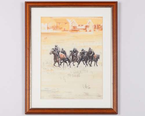 Kenton Lowe (British, contemporary) pastel drawing of racehorses exercising at daybreak