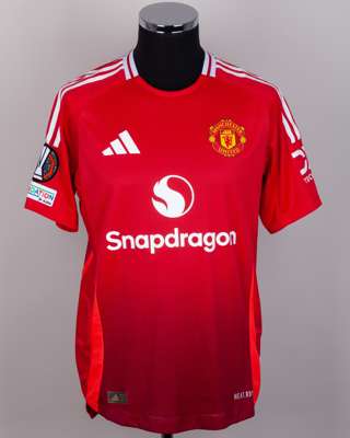 Leny Yoro red No.15 Manchester United v. Athletic Bilbao Europa League shirt, 2024-25