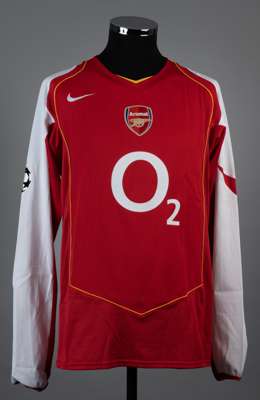 Cesc Fabregas red and white No.15 Arsenal long-sleeved Champions League jersey, 2004-05, 
 Nike, L, with v-neck collar and embroidered cloth badge ins