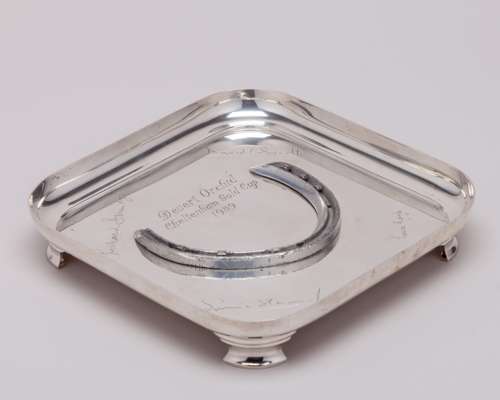 Silver salver set with a Desert Orchid racing plate from the 1989 Cheltenham Gold Cup