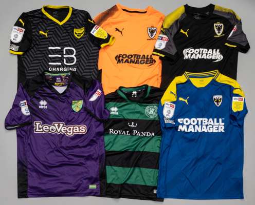 Six English football jerseys for Wimbledon, Oxford United, Norwich City and Queen's Park Rangers,
 comprising blue Lee Brown AFC Wimbledon no.55 home 