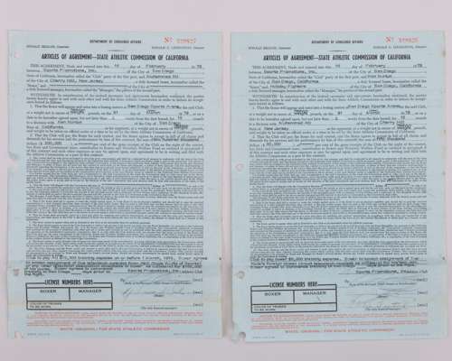 Muhammad Ali v. Ken Norton 31st March 1973, two signed original carbon copies contracts