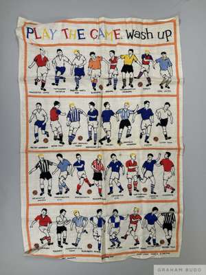 Excellent Football 'Play the Game Wash Up' tea towel, circa 1950,
 31 x 21in. approx., in pure Irish linen produced in Northern Ireland by Dunsmoy, he