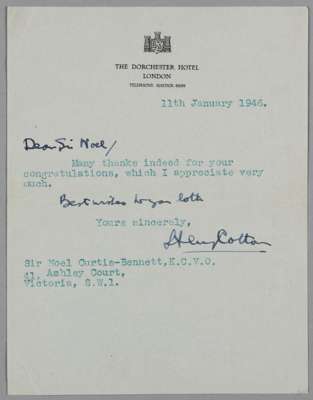 Henry Cotton three-time British Open Champion golfer 1934, 1937 & 1948 original signed letter,
 one-sided typed letter dated 11th January 1946, on Dor