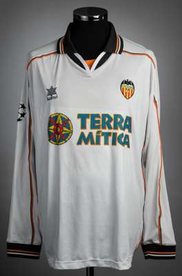 Joachim Bjorklund white, black & orange Valencia CF UEFA Champions League no.3 jersey, season 1999-2000,
 match-issue, Luanvi, long-sleeved with UEFA 