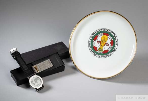 Commemorative 1974 World Cup plate 
 transfer printed and commemorative watch and money clip from World Cup 2006 (3)