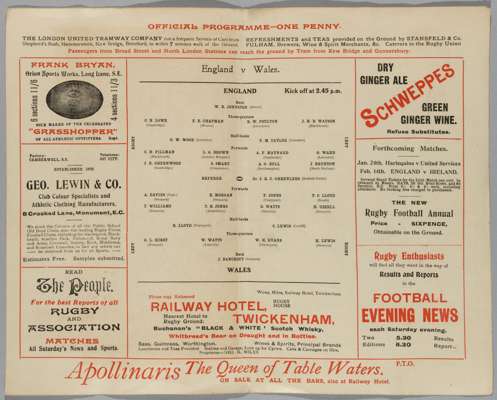 England v Wales international Rugby Union match programme played at Twickenham 17th January 1914,
 folded card, good condition

 England won the Grand