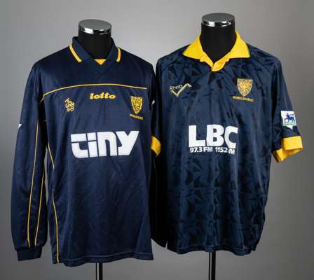 Two Wimbledon Premier League home match jerseys,
 comprising a Ben Thatcher blue no.6 jersey and a Peter Fear blue no.24 jersey, (2)