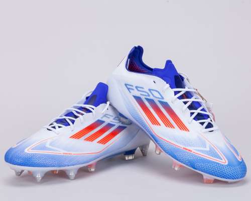 Luke Shaw white, blue and red Adidas F50 issued football boots, 2024-25