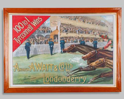 Advertisement poster for Tyrconnell Whiskey featuring horse racing