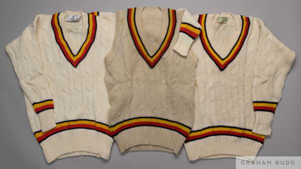 David Lloyd two MCC jumpers and tank top
 with egg and bacon trim some discoloration (3)

 The following Lots 187 to 221 relate to the cricket career 