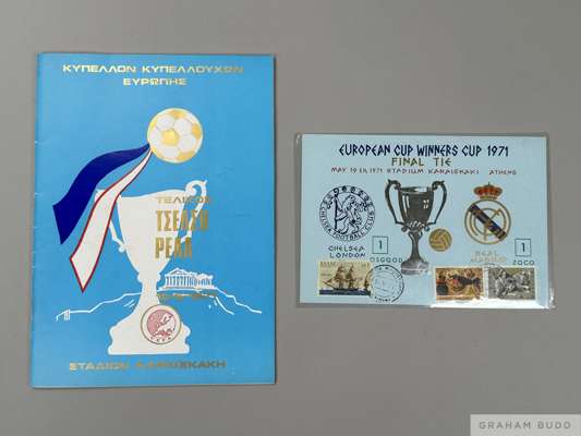 European Cup Winners Cup Final Chelsea v Real Madrid programme, played in Athens, on 19th May 1971, 
 Greek edition, 36-page; sold with unusual FDC wh