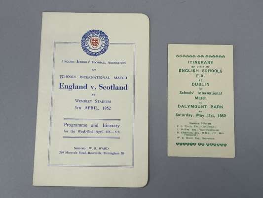 An England v. Scotland Schools International match Itinerary, 5/4/52, match played at Wembley 
 and England v. Ireland Schools itinerary card, 31/5/52