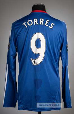 Fernando Torres blue Chelsea no.9 home jersey, season 2010-11,
 Adidas, long-sleeved with BARCLAYS PREMIER LEAGUE 09/10 CHAMPIONS sleeve badges, club 