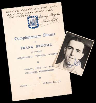 Dinner menu in celebration of the Aston Villa player Frank Broome being capped for England in 1938, organised by Berkhamsted Town FC, Broome's home to