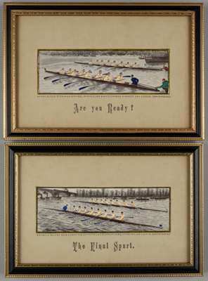 Two Victorian silk Stevengraphs, 
 comprising  Are You Ready?,  2 by 6in. and The Final Spurt, 2 by 6in. both framed (2)
