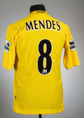 Pedro Mendes signed yellow Tottenham Hotspur no.8 third choice jersey, season 2004-05,
 Kappa, short-sleeved with BARCLAYS PREMIERSHIP sleeve badges, 