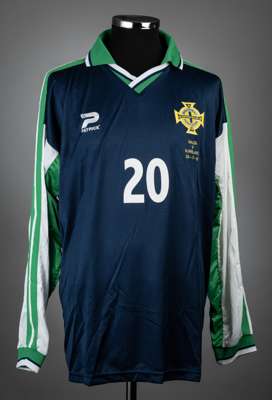 Green & navy Northern Ireland no.20 away jersey v Malta, played at National Stadium, Ta'Qali, 28th March 2000,
 match-issue, Patrick, long-sleeved wit