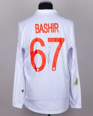 Shoaib Bashir white and red No.67 England v. India match worn, autographed Red For Ruth shirt