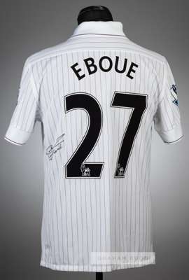 Three Arsenal jersey's, season's 2008-09, 2009-10 and 2014-15,
 comprising Emmanuel Eboue signed white and claret pinstripe Arsenal no.27 third choice