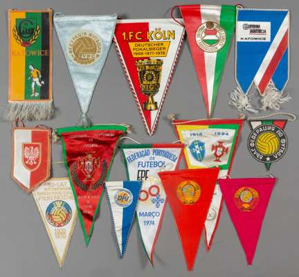 A group of fourteen European pennants originally owned by Sir Alf Ramsey,
 Portugal (3), Bulgaria, East Germany, Poland, USSR (2), FC Koln. Katowice, 
