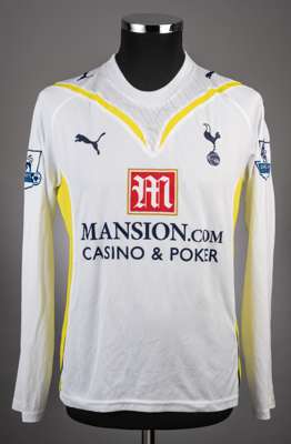 Luka Modric white and yellow No.14 Tottenham Hotspur long-sleeved jersey, 2009-10, 
 Puma, M, with crew-neck collar and embroidered cloth badge, the r