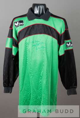 Peter Shilton signed green Derby County no.1 goalkeeper's jersey, circa 1990,
 by Uhlsport, long-sleeved with padded elbows, club crest and sponsor lo