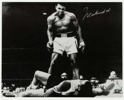 Muhammed Ali signed photograph,
 the image showing his knockout of Sonny Liston in 1964, 8 by 10in., signed in silver marker, 

 It was before this fi