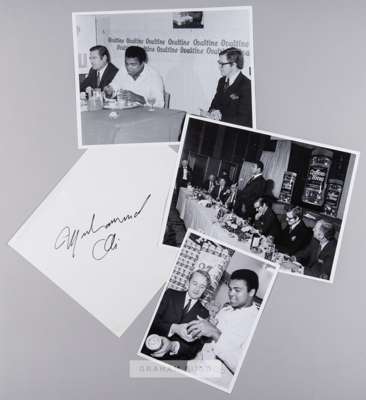 BOXING - Muhammad Ali autograph,
 excellent large flowing example from 12th October 1971; sold with three original photographs from the Ovaltine tour 
